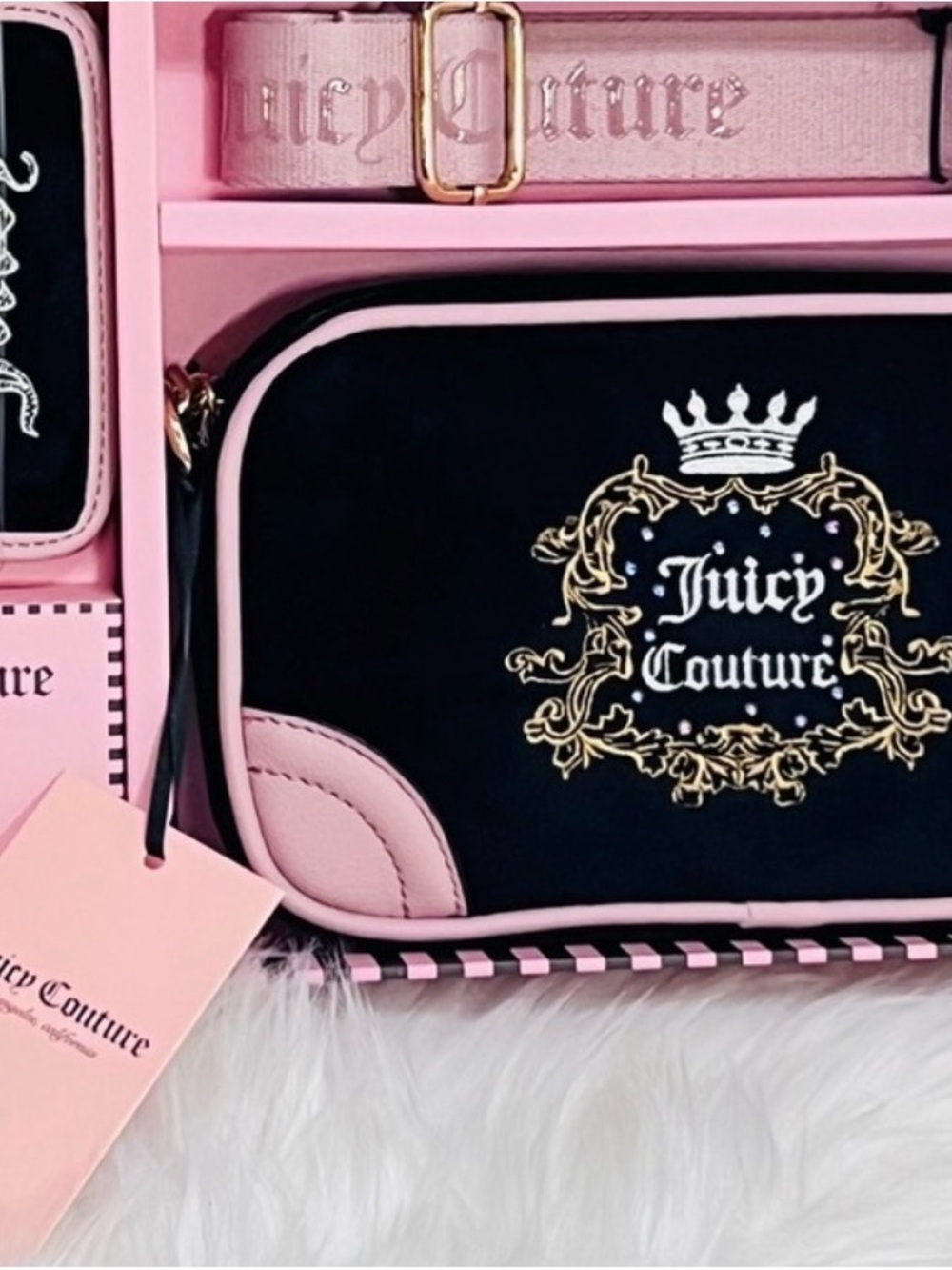 Juicy Couture Black and Pink Crossbody Bag with Gold Crest